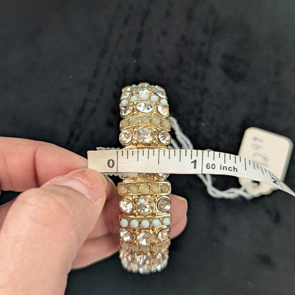 Gold White Rhinestone Beaded Bracelet Bangle Stretchable Adjustable Boho Preppy - Picture 6 of 7